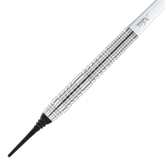 Das Bild zeigt den Red Dragon Seren 2 Pure Softdart mit einem Gewicht von 20g. Der Dart hat eine silberne, gerillte Metallspitze und einen schwarzen Kunststoffpunkt.