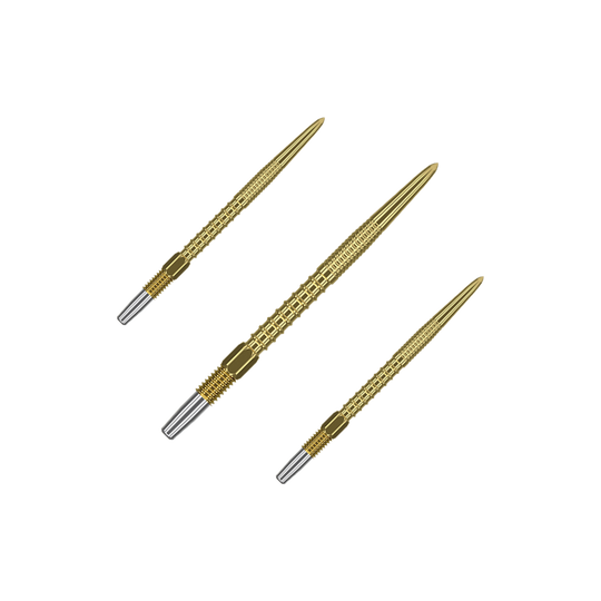 Zaměřte hroty šipek Swiss Firepoint Gold Das Bild zeigt drei goldfarbene Dartspitzen mit silbernem Gewinde am Ende. Sie sind schlank und haben eine strukturierte Oberfläche für besseren Halt.
