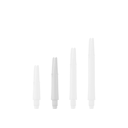 L-L-Style-Shafts Uzamčené rovné - Bílé Auf dem Bild sind vier weiße, gerade Dartschäfte in unterschiedlichen Längen zu sehen. Sie stehen nebeneinander aufrecht auf einem grünen Hintergrund.