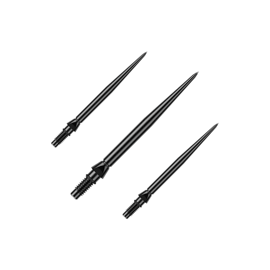 Auf dem Bild ist ein Set schwarzer glatter Steeldartspitzen von Winmau zu sehen. Die Spitzen sind 26mm lang.