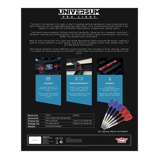 Elektronický terč Bulls NL Universum Pro Light - modročervený Auf dem Bild ist das Bulls NL Universum Pro Light Elektronisches Dartboard - Blau Rot zu sehen. Es eignet sich perfekt für Darts-Spiele zu Hause.
