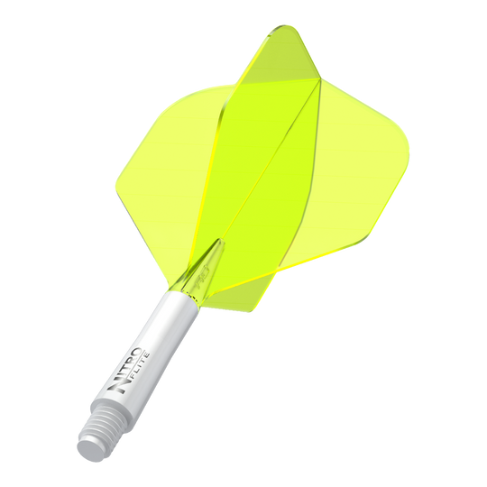 Red Dragon Nitroplite - Bílá šachta Žlutá č. 2 letky Das Bild zeigt einen gelben Dartflight mit einem weißen Schaft. Auf dem Schaft steht der Text "NITRO FLITE".