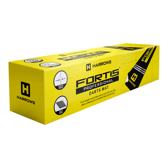 Harrows Fortis Dartteppich in Gelb ist zu sehen. Der Teppich zeigt das typische Design für Dart-Bereiche.