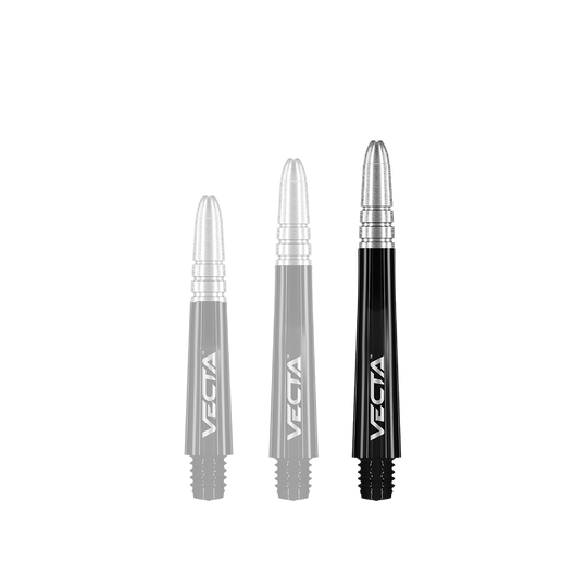 Auf dem Bild sind drei schwarze und silberne Dartschäfte der Marke Vecta zu sehen. Sie haben eine glänzende Oberfläche und sind jeweils mit dem Schriftzug "VECTA" versehen.