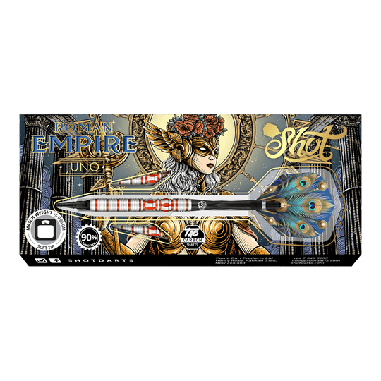 Šipky Juno s měkkými motivy z římské říše Das Bild zeigt die Verpackung der Shot Roman Empire Juno Softdarts. Auf der Verpackung ist ein kunstvolles Design mit einer Kriegerin und auffälligen Farben abgebildet.
