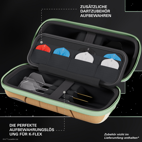 Target Star Wars Boa Dartcase - Grogu zeigt eine spezielle Darttasche mit Grogu-Design. Es ist perfekt für Fans von Star Wars und Dartspieler.