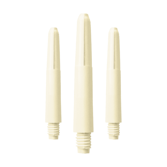 576_Nylon_Shafts_Naturweiss_35mm_1 Das Bild zeigt drei Nylon Shafts in der Farbe Naturweiß. Die Shafts haben ein schlichtes, glattes Design mit einem Schraubgewinde am unteren Ende.