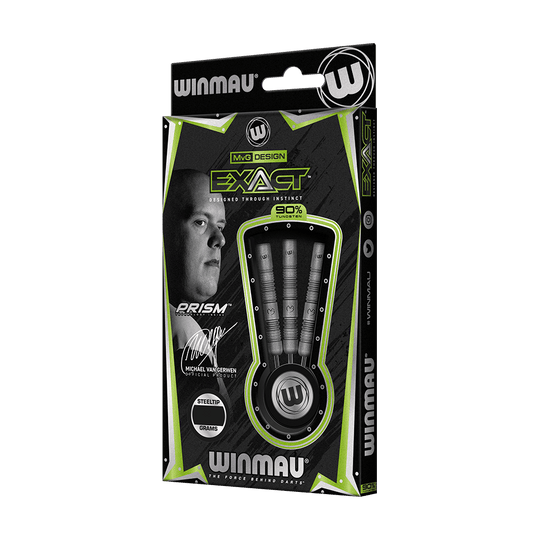 1468_Winmau_Michael_Van_Gerwen_Exact_Steeldarts_3 Auf dem Bild ist eine Packung "Winmau Michael Van Gerwen Exact Steeldarts" zu sehen. Die Verpackung zeigt drei Darts und das Bild sowie die Unterschrift von Michael Van Gerwen.