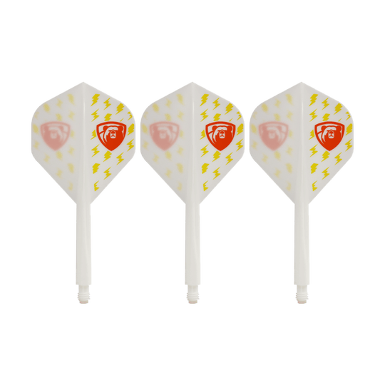 Letový systém Condor AX Thunderbolt White - standardní Das Bild zeigt drei weiße Dartflights des Condor AXE Thunderbolt White Flight-Systems in Standardform. Die Flights sind mit gelben Blitzen und einem roten Schild-Logo verziert.