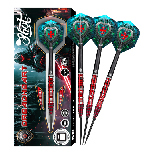 Das Bild zeigt das Produkt "Shot Future Knights Dreadheart Steeldarts" mit einer auffälligen Verpackung und drei Dartpfeilen. Die Dartpfeile haben rote und silberne Griffe sowie blaue Flights mit einem roten Wappen.