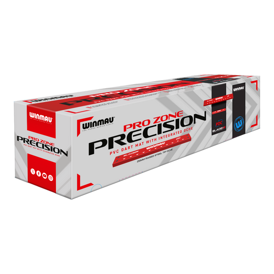 Die Abbildung zeigt die Verpackung der "Winmau Pro-Zone Precision Blade 6 Dartmatte mit Oche". Auf der Verpackung steht, dass es sich um eine PVC-Dartmatte mit integriertem Oche handelt.