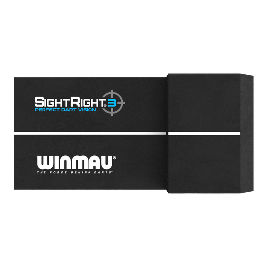 Winmau SightRight 3 - Kompaktní Das Bild zeigt das Produkt "Winmau SightRight 3 - Compact" zur Perfektionierung des Dart-Zielens. Es ist schwarz mit einem weißen Streifen und dem Winmau-Logo darauf.