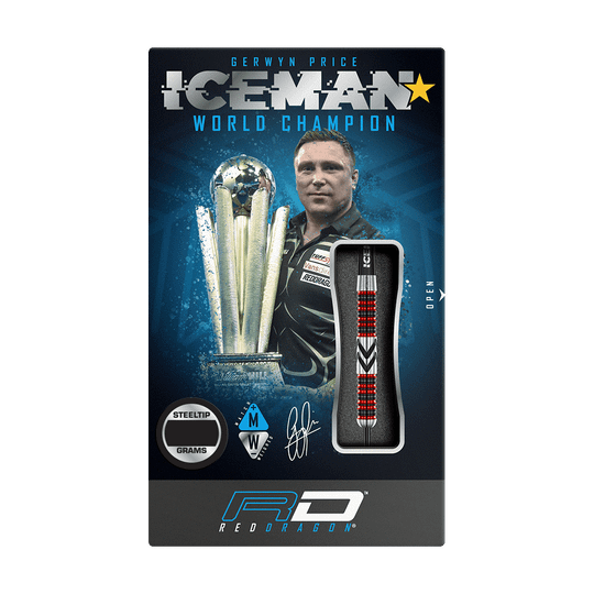 RD2567_Red_Dragon_Gerwyn_Price_Firebird_Steeldarts_3 Das Bild zeigt die Verpackung der "Red Dragon Gerwyn Price Firebird Steeldarts". Auf der Verpackung sind ein Dartpfeil, ein Pokal und ein Porträt von Gerwyn Price abgebildet.