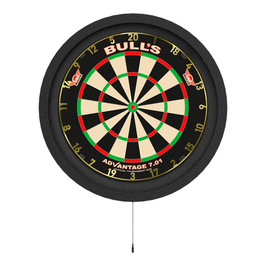 Systém prostorového osvětlení Bulls NL Lumo 2 Light Das Bild zeigt eine Dartscheibe mit einer runden, beleuchteten Umrandung. Es handelt sich um das Produkt „Bulls NL Lumo 2 Light Surround Beleuchtungssystem“.