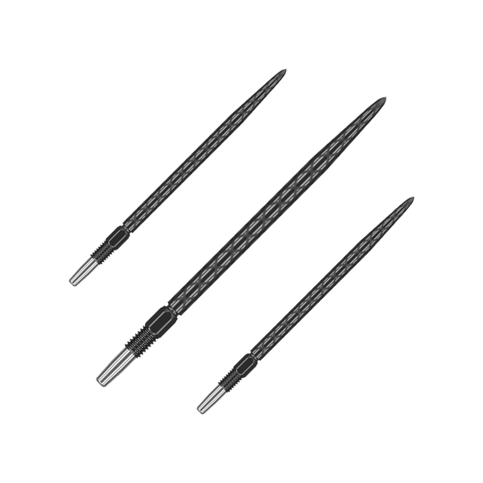 Zaměřte hroty šipek Swiss Diamond Pro Black Points Das Bild zeigt drei schwarze Dartspitzen mit einem rautenförmigen Muster. Sie sind lang und haben ein silbernes Schraubgewinde am Ende.