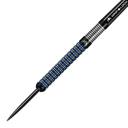 Ocelové šipky Mission Nightfall Model 1 Das Bild zeigt einen Mission Nightfall Model 1 Steeldart. Der Dart hat ein modernes Design mit silbernen und blauen Ringen am Barrel.