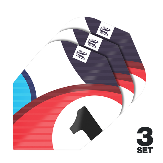 Letenky Target Pro Ultra Chicane Blue No6 – 3 sady Das Bild zeigt drei Sets von Target Pro Ultra Chicane Blue No6 Flights für Darts. Auf den Flights sind rote, blaue und schwarze Designelemente sowie die Zahl 1 zu sehen.