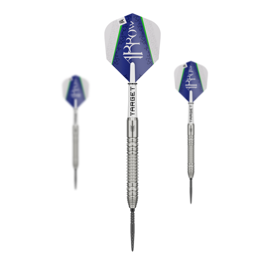 Ocelové šipky Target Shane McGuirk GEN1 Swiss Point - 23g Das Bild zeigt drei Steeldarts des Modells "Target Shane McGuirk GEN1 Swiss Point - 23g". Die Darts haben silberne Spitzen und Schäfte sowie blau-weiße Flights mit grünen Akzenten.