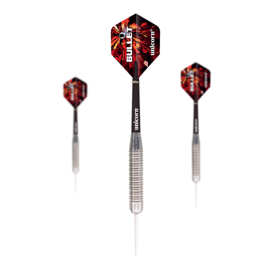 Ocelové šipky Unicorn Bullet Gary Anderson - 22g Das Bild zeigt drei Steeldarts des Modells "Unicorn Bullet Gary Anderson - 22g". Die Darts haben silberne Spitzen, geriffelte Griffe und rot-schwarze Flights mit der Aufschrift "BULLET".