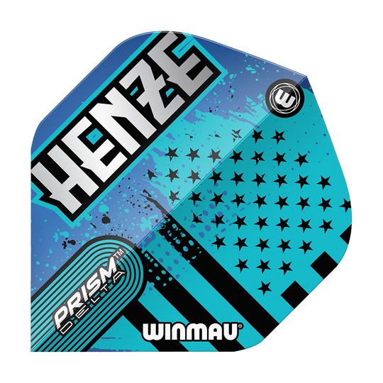Standardní lety Winmau Prism Delta Rick Henze Das Bild zeigt ein Winmau Prism Delta Rick Henze Standard Flight in blau-schwarzem Design. Auf dem Flight stehen die Wörter "HENZE", "PRISM DELTA" und "WINMAU".