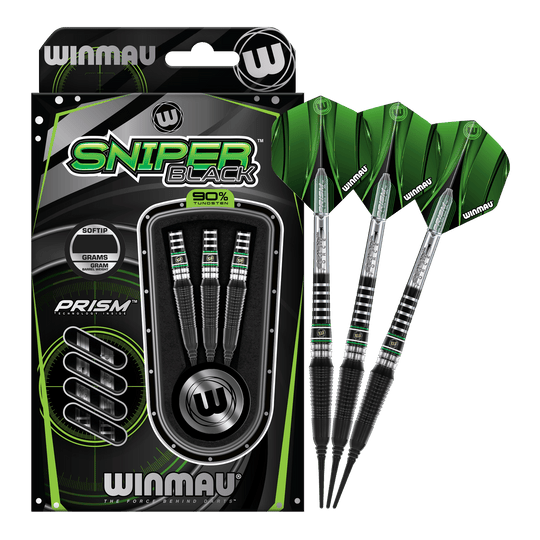 Měkké šipky Winmau Sniper Black 2025 - 20g Das Bild zeigt die Winmau Sniper Black 2025 Softdarts mit einem Gewicht von 20g. Die Darts sind schwarz und grün gestaltet und werden in einer Verpackung mit drei Stück präsentiert.