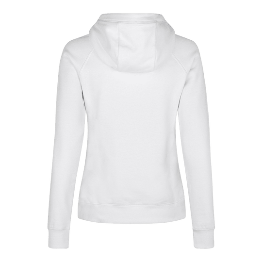Dámská mikina s kapucí Barrels and Shafts – bílá Dies ist ein weißer Damen-Hoodie, der von hinten zu sehen ist. Das schlichte Design zeigt lange Ärmel und eine Kapuze.