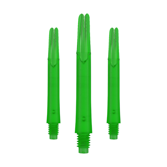 L-tvarované L-hřídele, zajištěné rovné - zelené Auf dem Bild sind drei gerade, grüne Dartshafts ohne Kappen zu sehen. Sie stehen nebeneinander und haben ein Schraubgewinde am unteren Ende.
