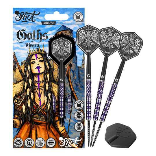 Šipky Shot Goths Visara Turbo Point ocelové - 23g Das Produkt zeigt die Shot Goths Visara Turbo Point Steeldarts - 23g in voller Ansicht. Diese Steeldarts stehen für Qualität und Zuverlässigkeit beim Dartspiel.