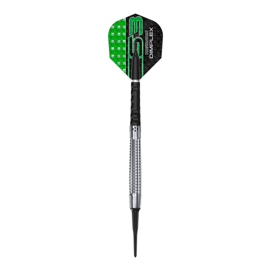 Šipky Harrows Dimplex S3 Tapered Soft Das Bild zeigt einen Harrows Dimplex S3 Tapered Softdart. Der Dartpfeil hat eine Metallspitze und ein schwarzes und grünes Flight-Design.