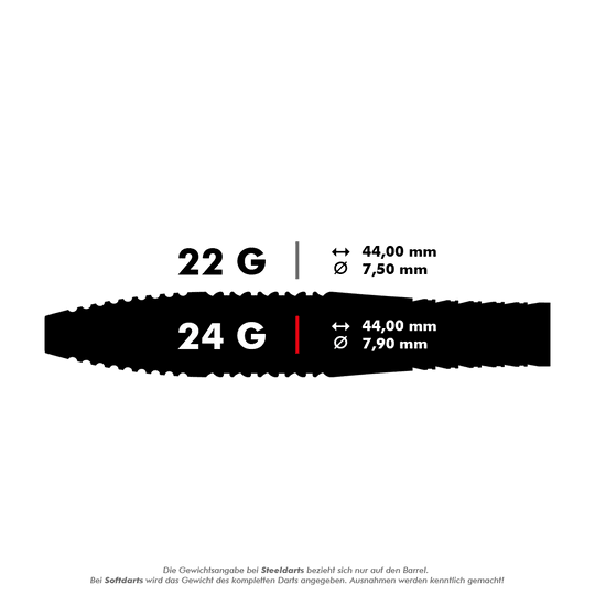 Das Bild zeigt die Produktinformationen zu den Target Bolide 05 Swiss Point Steeldarts. Die Darts wiegen 24 Gramm, sind 44,00 mm lang und haben einen Durchmesser von 7,90 mm.