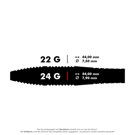 190063_Target_Bolide_05_Swiss_Point_Steeldarts_5_24g Das Bild zeigt die Produktinformationen zu den Target Bolide 05 Swiss Point Steeldarts. Die Darts wiegen 24 Gramm, sind 44,00 mm lang und haben einen Durchmesser von 7,90 mm.