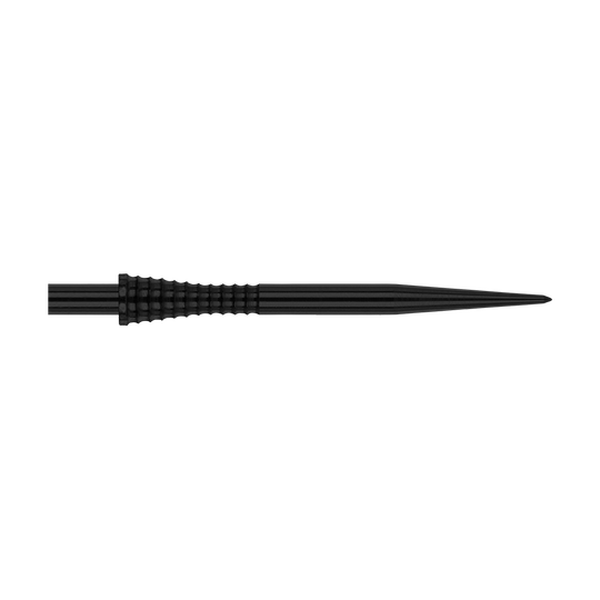 Das Bild zeigt die Red Dragon Raptor Gripped Black Steeldartspitze mit einer Länge von 38 mm. Die Spitze ist schwarz und hat eine geriffelte Grifffläche für besseren Halt.