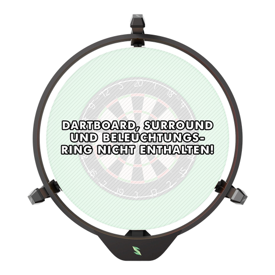 Das Bild zeigt das Produkt "Scolia Home 2 Electronic Score System", das an einem Dartboard angebracht ist. Auf dem Bild steht geschrieben, dass Dartboard, Surround und Beleuchtungsring nicht enthalten sind.