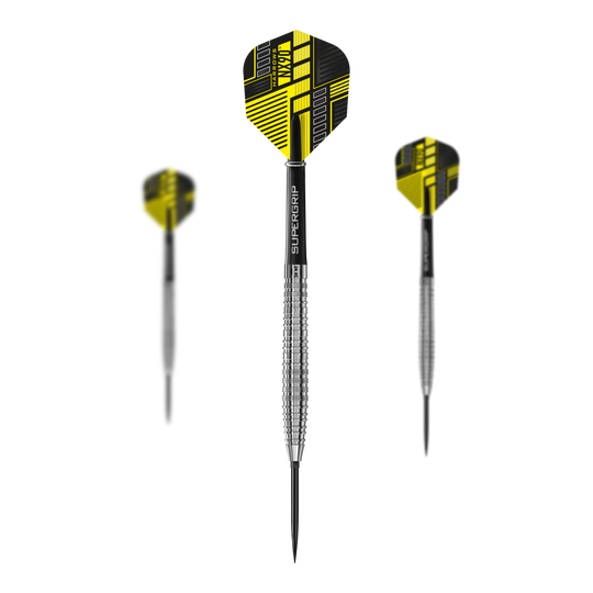 Harrows NX90 zúžené ocelové šipky s rychloupínáním Das Bild präsentiert ein Set der Harrows NX90 Tapered Quick Point Steeldarts. Die Darts sind hochwertig verarbeitet und robust.