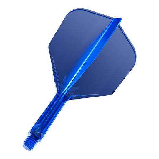 Letový systém Target K-Flex No6 - modrý Das Bild zeigt ein blaues Dartflight-System mit integriertem Schaft. Das Material wirkt durchsichtig und hat eine glatte, glänzende Oberfläche.