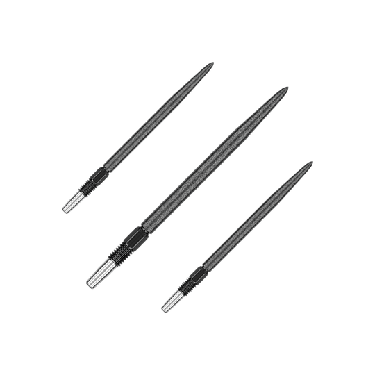 Špičky na šipky Target Swiss Point SLK - černé Das Bild zeigt drei schwarze Dartspitzen, die nebeneinander liegen. Sie haben eine metallische Spitze und einen geriffelten Abschnitt am Ende.