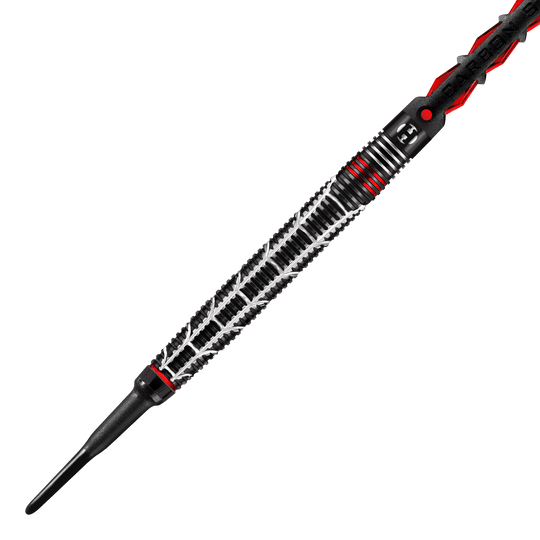 Harrows Atrax Softdarts Auf dem Bild ist ein Softdart-Pfeil mit einem auffällig gemusterten, schwarzen Griff zu sehen. Der Dart hat silberne und rote Akzente, die ihm ein modernes und sportliches Aussehen verleihen.