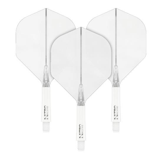 Red Dragon Nitroplite - White Shaft Clear No2 Flights Das Bild zeigt drei weiße Dartflights mit weißen Schäften. Sie sind nebeneinander auf schwarzem Hintergrund angeordnet.