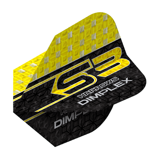 Letky Harrows Dimplex S3 - žluté Das Bild zeigt einen Harrows Dimplex S3 Flight in Gelb und Schwarz. Auf dem Flight steht "S3 HARROWS DIMPLEX" in auffälliger Schrift.