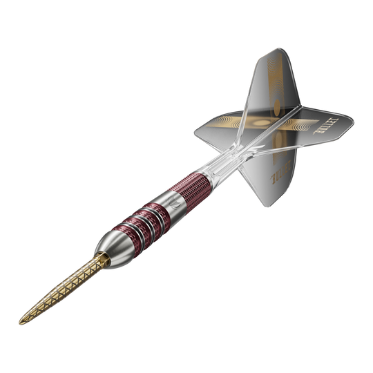 Šipky Target Stephen Bunting 95K Swiss Point Steel Das Bild zeigt einen Target Stephen Bunting 95K Swiss Point Steeldart. Der Dartpfeil hat einen metallic-roten Griff, eine goldene Spitze und schwarze Flights mit dem Schriftzug "BULLET".