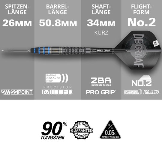 Terč Jeffrey De Graaf GEN1 Swiss Point Steeldarts - 23g Das Bild zeigt den Steeldart "Target Jeffrey De Graaf GEN1 Swiss Point" mit 23g Gewicht. Die wichtigsten Merkmale sind eine Spitzenlänge von 26 mm, eine Barrelinglänge von 50,8 mm, eine Schaftlänge von 34 mm sowie Flights in der Form No.2.