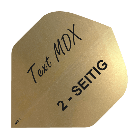 Das Bild zeigt ein goldfarbenes Dartflight mit schwarzer Aufschrift. Darauf steht „Text MDX“ und „2-SEITIG“.