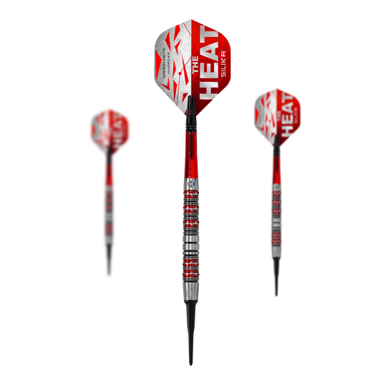 Měkké šipky Harrow's Damon Heta Series 3 Das Bild zeigt drei Softdarts der Marke Harrows Damon Heta Series 3. Die Darts sind überwiegend rot und silber und tragen die Aufschrift "THE HEAT".