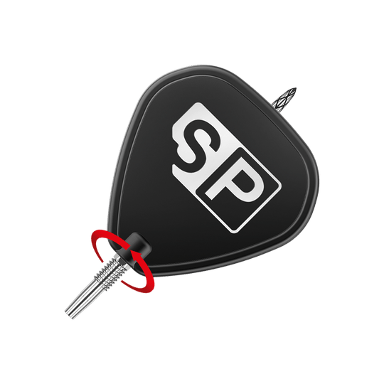 Target Swiss DS Surge Point Dart Tips - Stříbrné Das Bild zeigt die Spitze eines Dartpfeils mit einem schwarzen Flight, auf dem die Buchstaben "SP" in Weiß abgebildet sind. Ein roter Pfeil weist auf den Befestigungspunkt der Spitze hin.