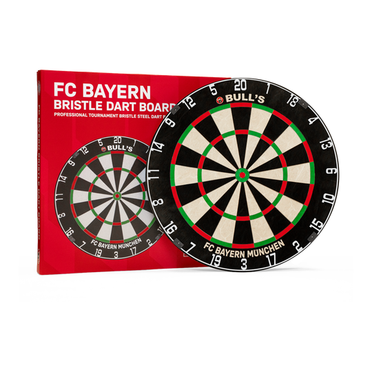 Ocelová šipka na šipky Bulls FC Bayern Mnichov Das Bild präsentiert das Bulls FC Bayern München Bristle Steeldartboard. Es handelt sich um ein Steeldartboard mit FC Bayern München Logo.