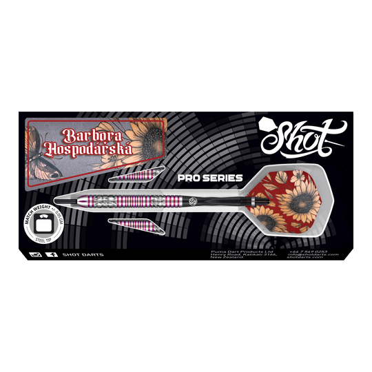 Shot Pro Series Barbora Hospodářská 2 Steeldarts - 23g Das Bild zeigt das Produkt "Shot Pro Series Barora Hospodarska Steeldarts - 23g". Die Darts haben ein auffälliges Design mit Blumenmuster und sind für professionelle Spieler geeignet.