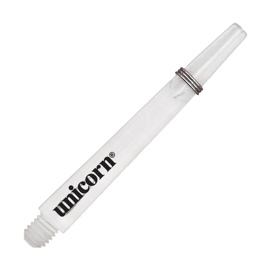 Das Bild zeigt einen klaren Unicorn Gripper 3 Mirage Shaft mit einer Länge von 44,2 mm. Auf dem Schaft ist das Wort "unicorn" aufgedruckt.