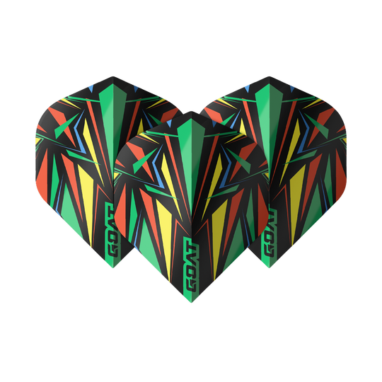 Das Bild zeigt die GOAT Athlete Green No2 Standard Flights. Die Flights haben ein farbenfrohes, geometrisches Muster mit Grün, Gelb, Rot, Blau und Schwarz.