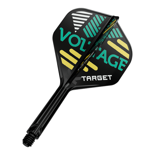 Systém standardní letové hřídele Target K-Flex Rob Cross No2 Auf dem Bild ist ein Dart-Flügel mit Schaft zu sehen. Auf dem schwarzen Flügel steht in grüner und gelber Schrift „VOLTAGE“ und „TARGET“.