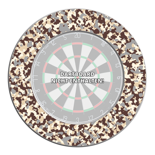 Obložení terče McDart Camo Hier ist ein Dartboard-Surround im Wüstendesign abgebildet. Es dient zum Schutz der Wand und verleiht dem Spielbereich einen besonderen Stil.